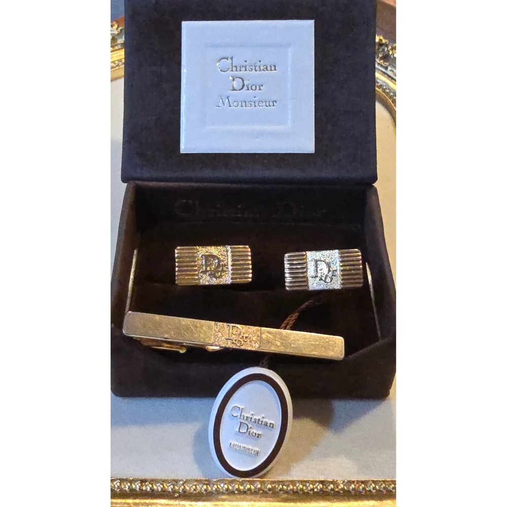 Christian Dior Monsieur Gold Tone CD Logo Cufflinks and Tie Clip Set with Box